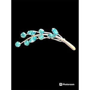 Vintage Gold Bond Sterling 925 Silver Floral Spray Brooch Blue Rhinestones